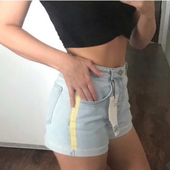 Zara Denim High Waisted Yellow Striped Jeans Shorts Sz 2 - Picture 2 of 16